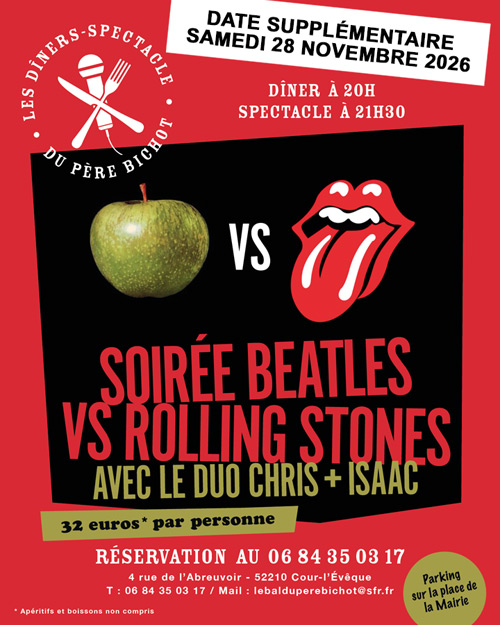 SOIRÉE BEATLES vs ROLLING STONES : le Samedi 28 Novembre 2026